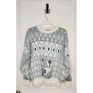 Aspetuck Trading Co Men's White Blue Geometric Sweater 100% Acrylic Sz Large USA